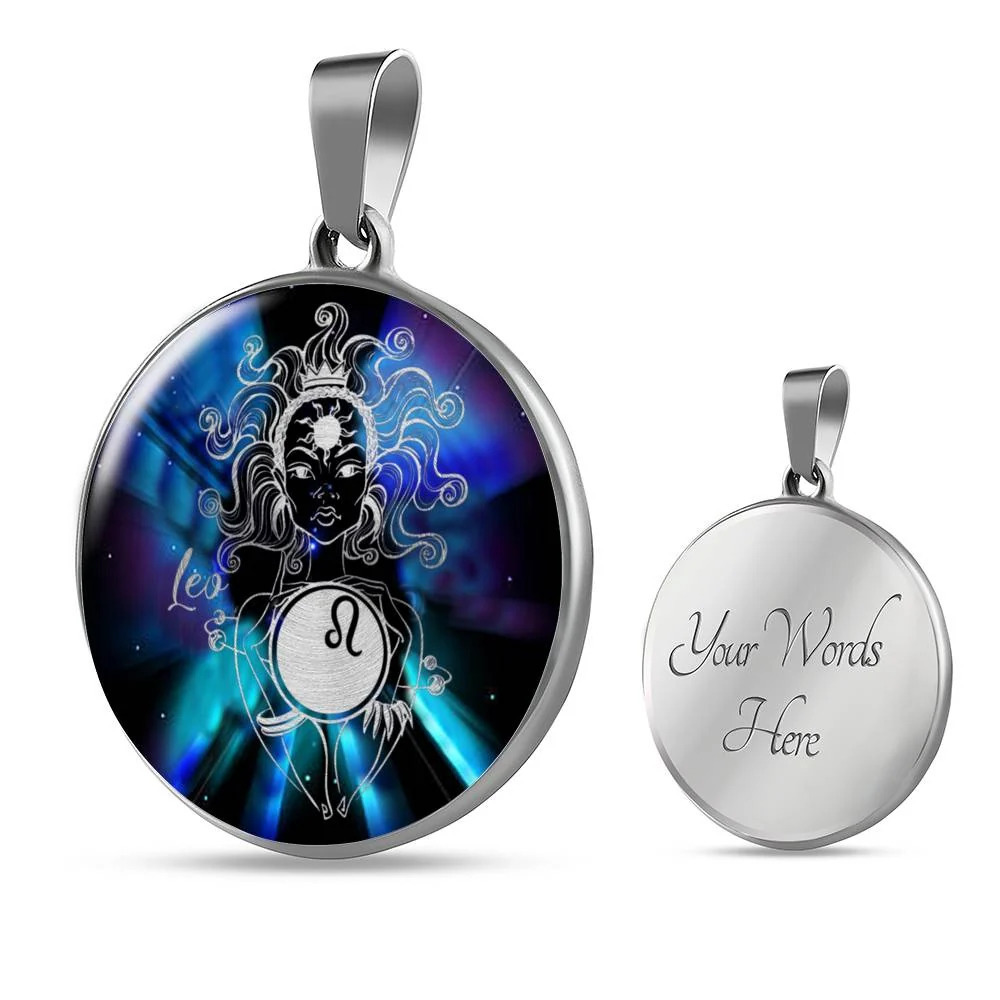 Leo Purple Galaxy Zodiac Circle Pendant Necklace Stainless Steel 24 Inch Chain